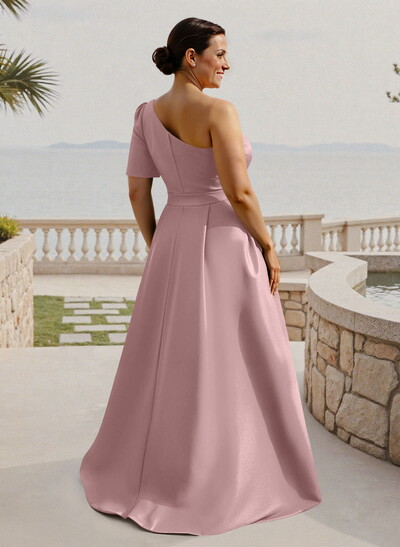 Simple A-Line One-Shoulder 1/2 Sleeves Court Train Satin Mother Of The Bride Dresses With Flower(s)