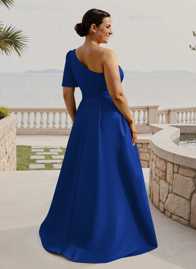 Simple A-Line One-Shoulder 1/2 Sleeves Court Train Satin Mother Of The Bride Dresses With Flower(s)