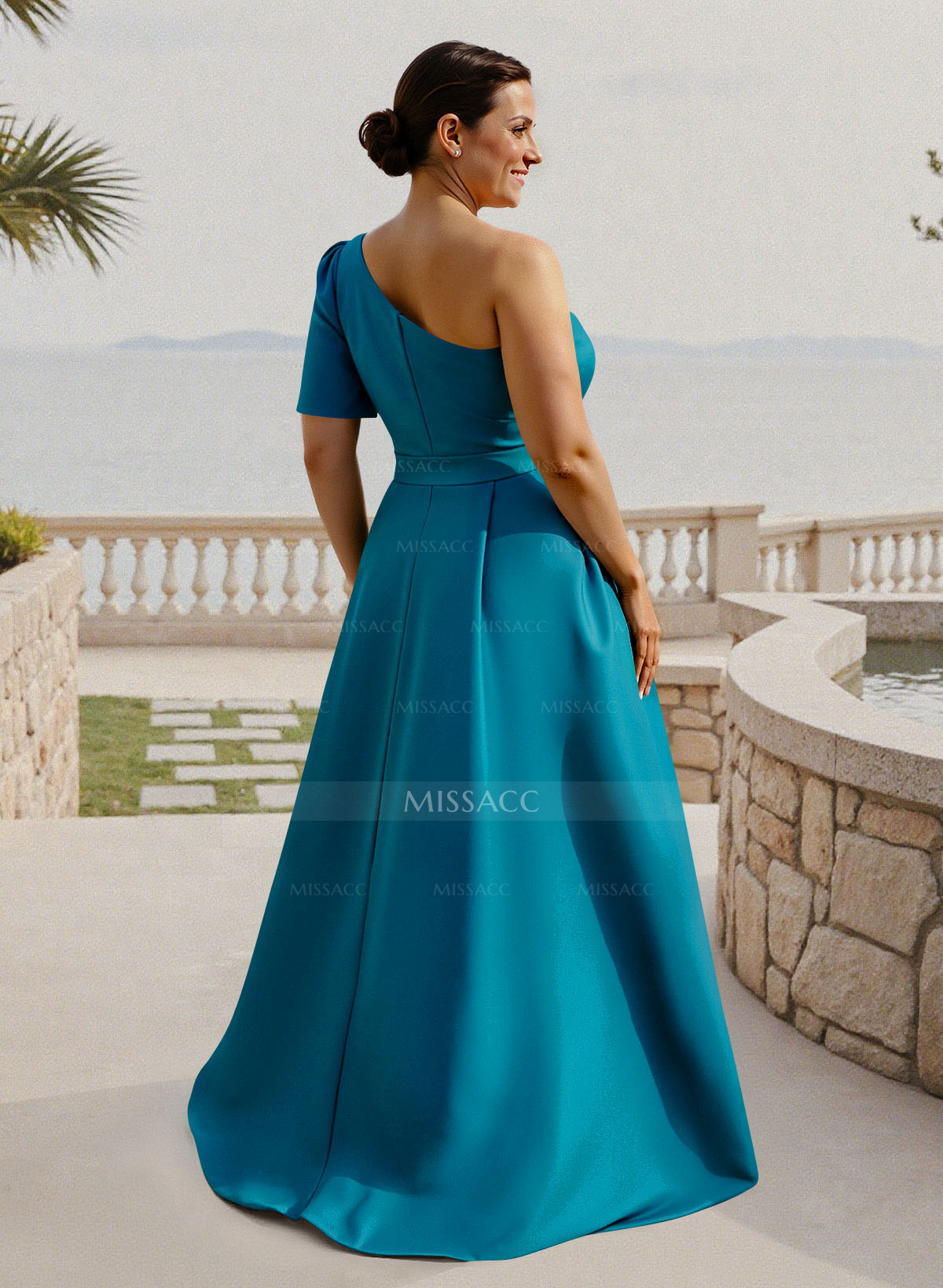 Simple A-Line One-Shoulder 1/2 Sleeves Court Train Satin Mother Of The Bride Dresses With Flower(s)