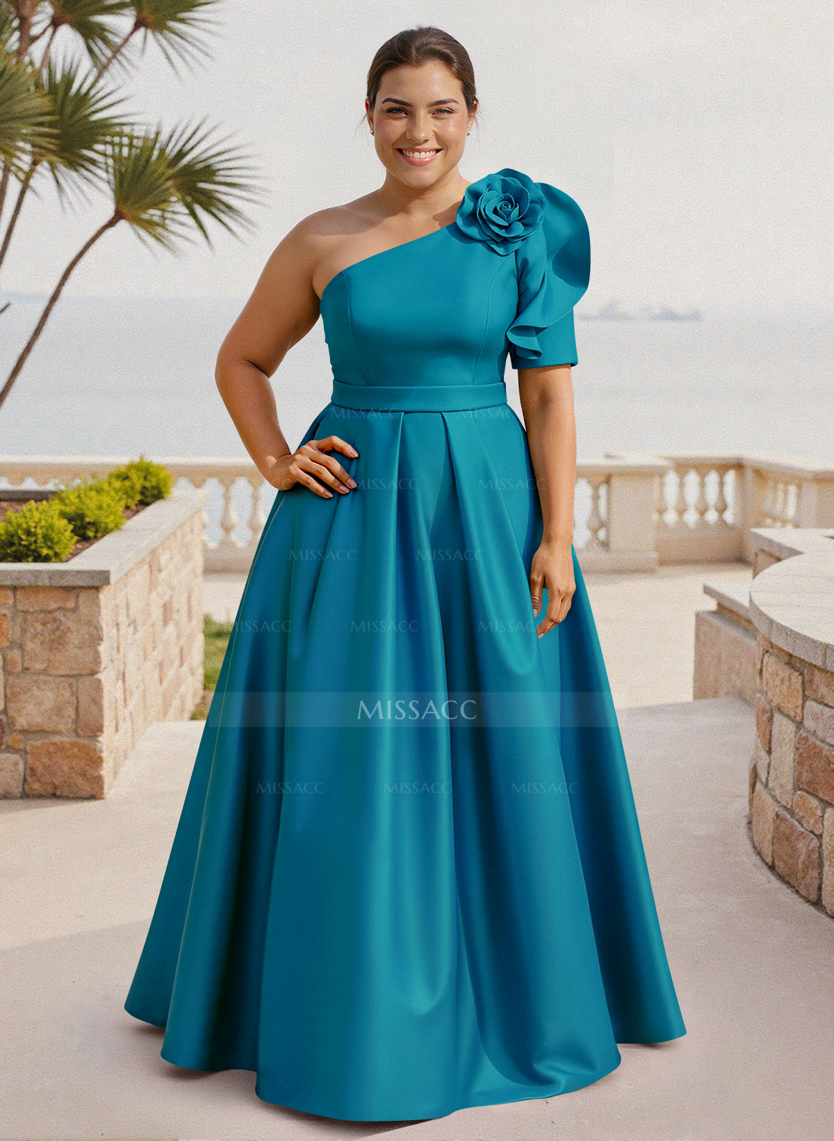 Simple A-Line One-Shoulder 1/2 Sleeves Court Train Satin Mother Of The Bride Dresses With Flower(s)