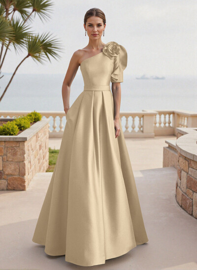 Simple A-Line One-Shoulder 1/2 Sleeves Court Train Satin Mother Of The Bride Dresses With Flower(s)