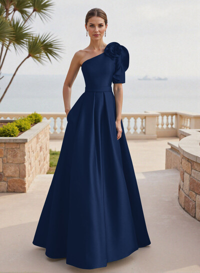Simple A-Line One-Shoulder 1/2 Sleeves Court Train Satin Mother Of The Bride Dresses With Flower(s)