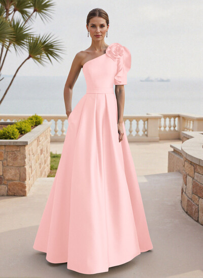 Simple A-Line One-Shoulder 1/2 Sleeves Court Train Satin Mother Of The Bride Dresses With Flower(s)
