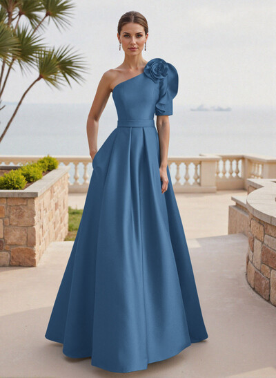 Simple A-Line One-Shoulder 1/2 Sleeves Court Train Satin Mother Of The Bride Dresses With Flower(s)
