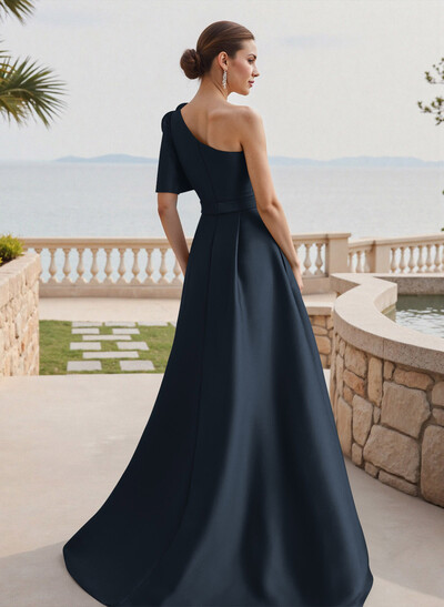 Simple A-Line One-Shoulder 1/2 Sleeves Court Train Satin Mother Of The Bride Dresses With Flower(s)