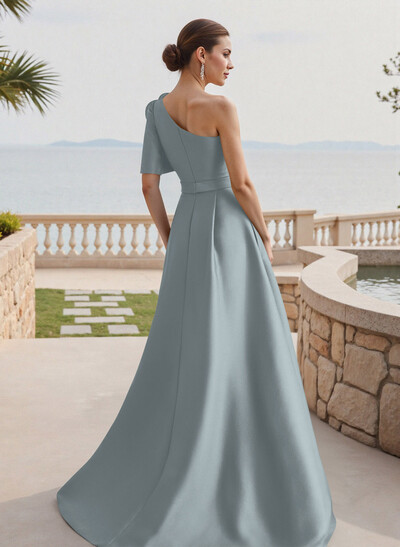 Simple A-Line One-Shoulder 1/2 Sleeves Court Train Satin Mother Of The Bride Dresses With Flower(s)