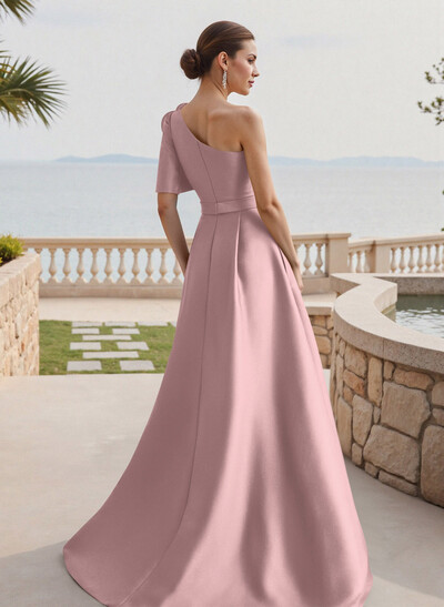 Simple A-Line One-Shoulder 1/2 Sleeves Court Train Satin Mother Of The Bride Dresses With Flower(s)