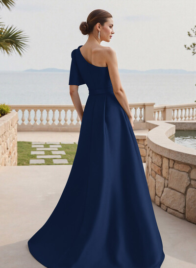 Simple A-Line One-Shoulder 1/2 Sleeves Court Train Satin Mother Of The Bride Dresses With Flower(s)