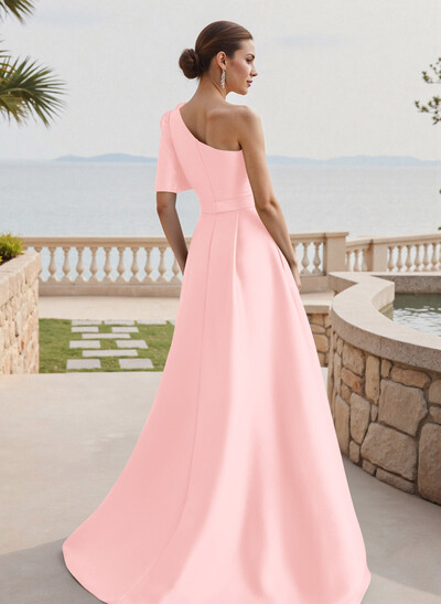 Simple A-Line One-Shoulder 1/2 Sleeves Court Train Satin Mother Of The Bride Dresses With Flower(s)