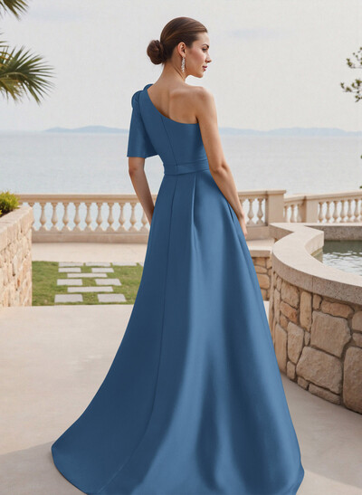 Simple A-Line One-Shoulder 1/2 Sleeves Court Train Satin Mother Of The Bride Dresses With Flower(s)