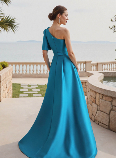 Simple A-Line One-Shoulder 1/2 Sleeves Court Train Satin Mother Of The Bride Dresses With Flower(s)