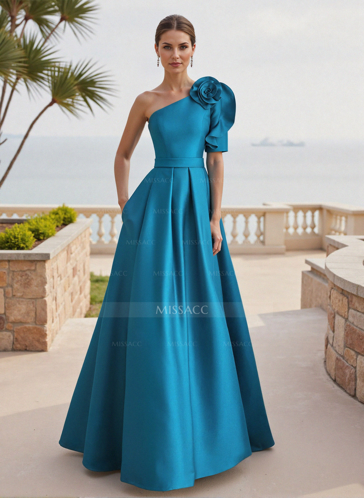 Simple A-Line One-Shoulder 1/2 Sleeves Court Train Satin Mother Of The Bride Dresses With Flower(s)