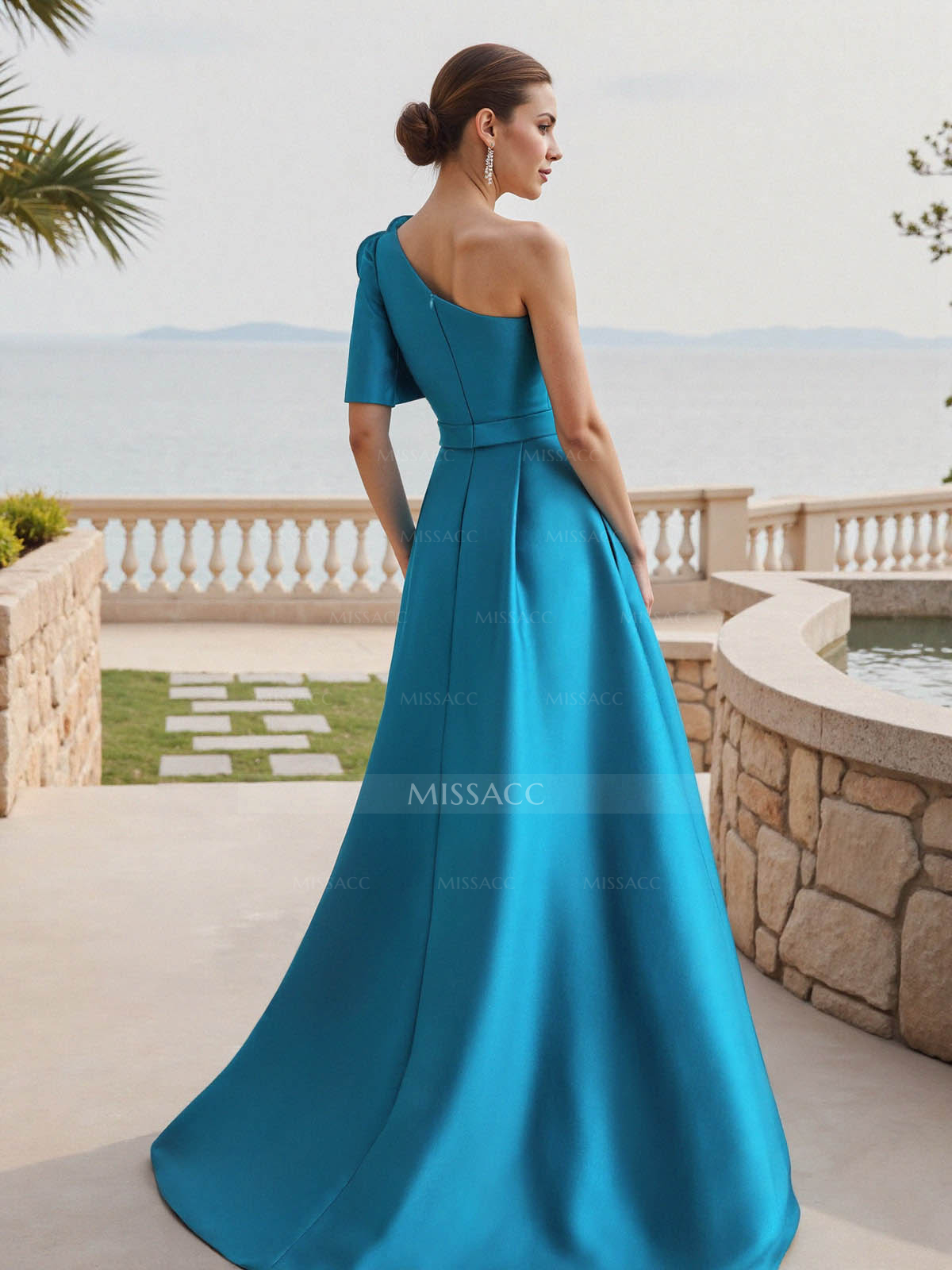 Simple A-Line One-Shoulder 1/2 Sleeves Court Train Satin Mother Of The Bride Dresses With Flower(s)
