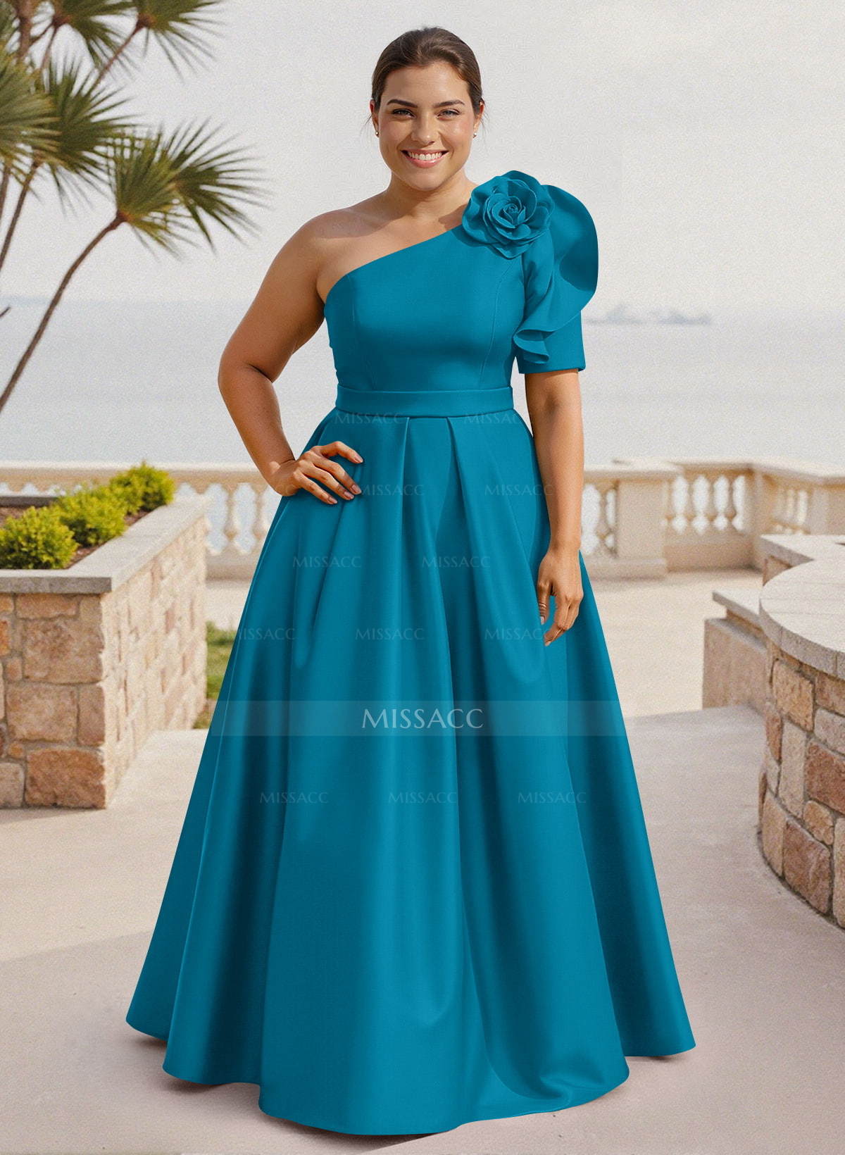 Simple A-Line One-Shoulder 1/2 Sleeves Court Train Satin Mother Of The Bride Dresses With Flower(s)