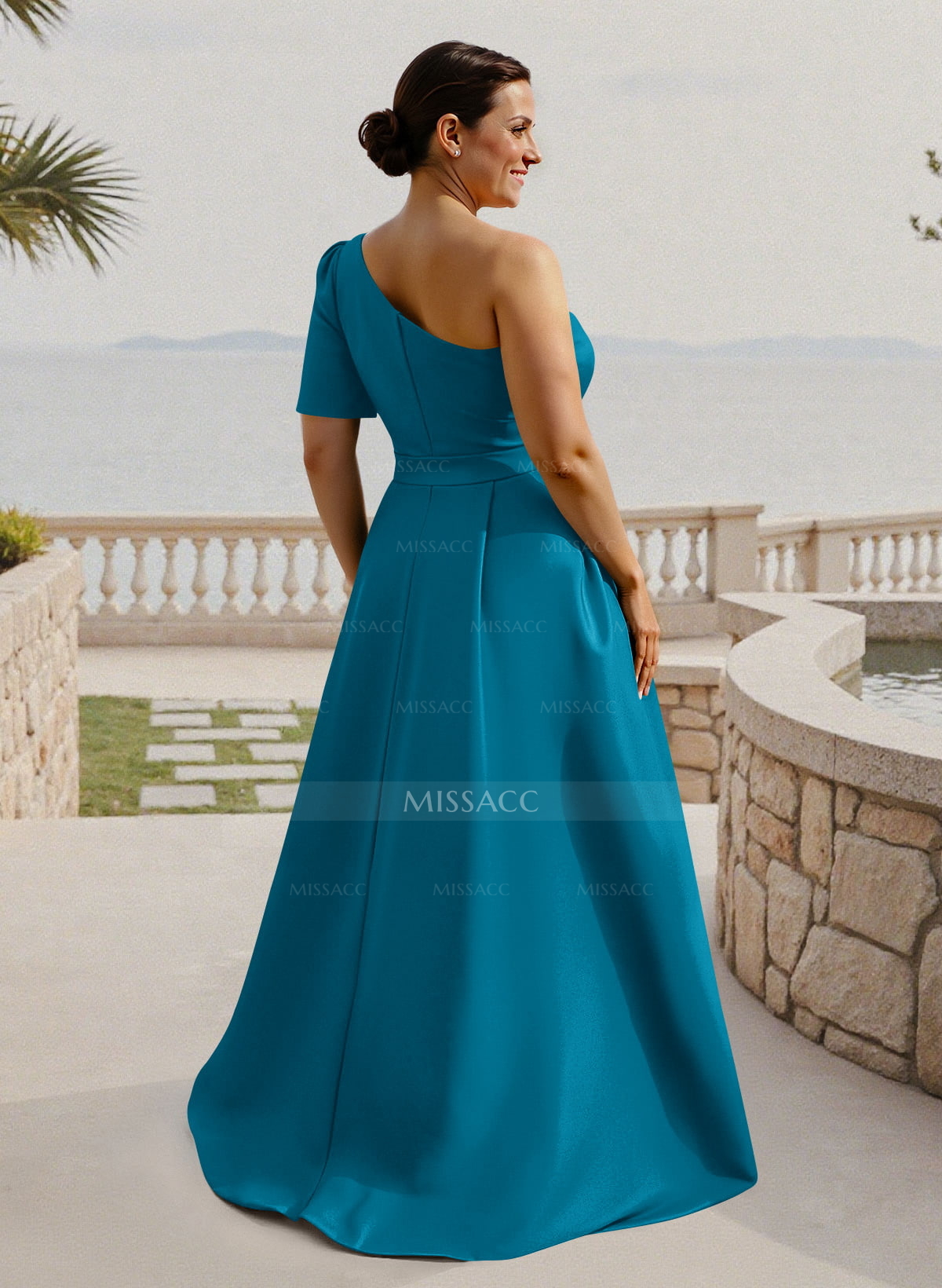 Simple A-Line One-Shoulder 1/2 Sleeves Court Train Satin Mother Of The Bride Dresses With Flower(s)