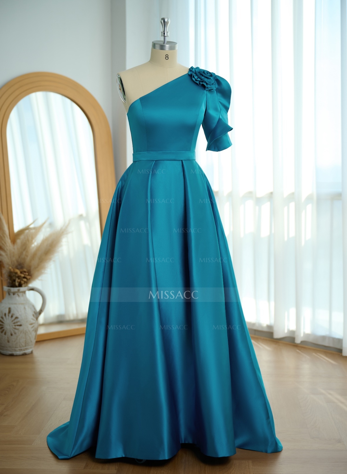 Simple A-Line One-Shoulder 1/2 Sleeves Court Train Satin Mother Of The Bride Dresses With Flower(s)
