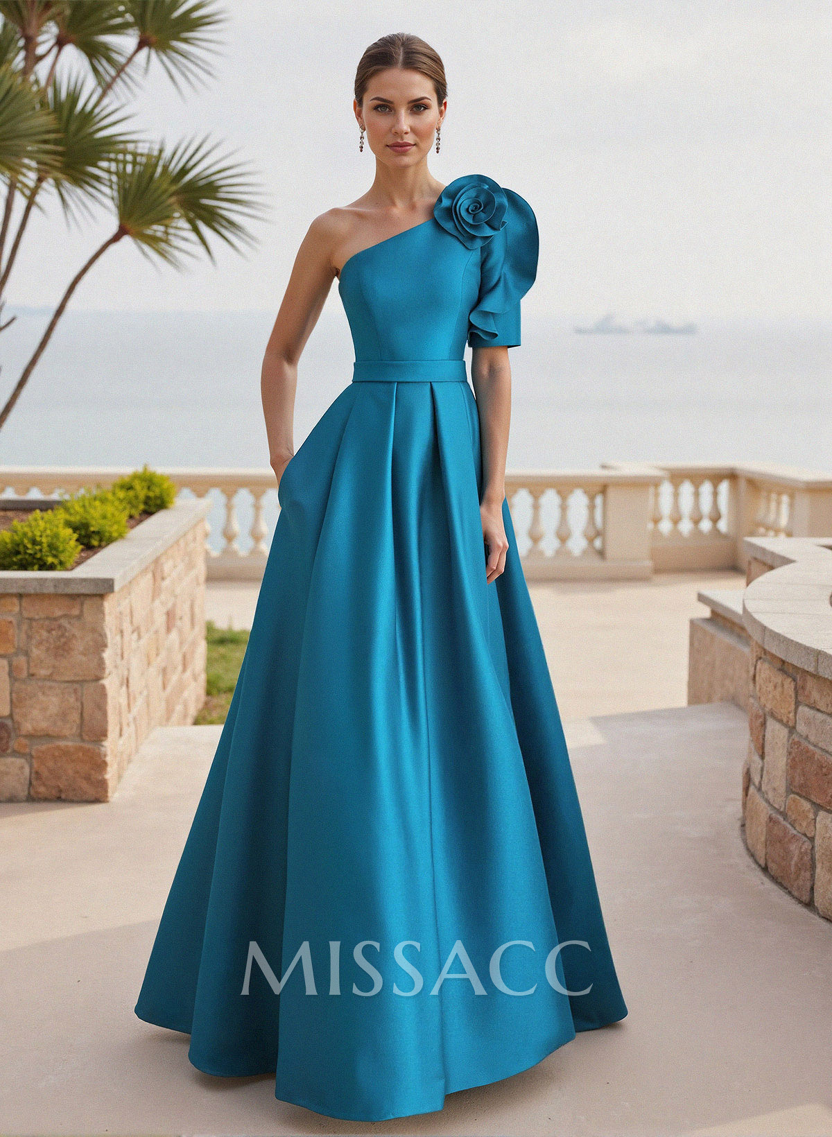 Simple A-Line One-Shoulder 1/2 Sleeves Court Train Satin Mother Of The Bride Dresses With Flower(s)