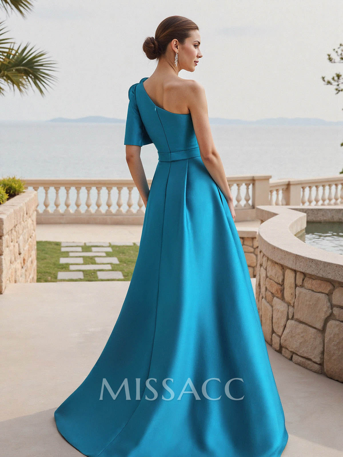 Simple A-Line One-Shoulder 1/2 Sleeves Court Train Satin Mother Of The Bride Dresses With Flower(s)