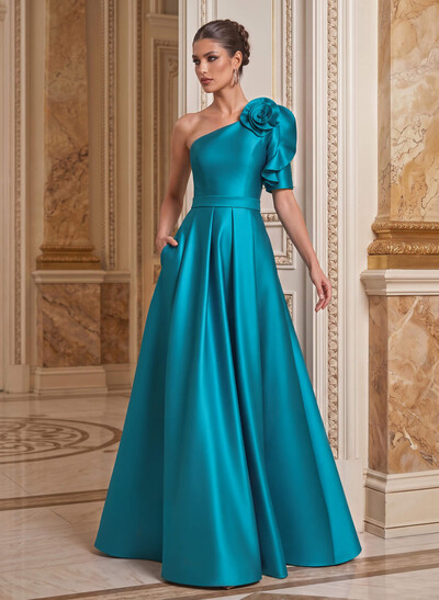 Simple A-Line One-Shoulder Half Sleeve Satin Mother of the Bride Dress with Court Train & Floral Detail