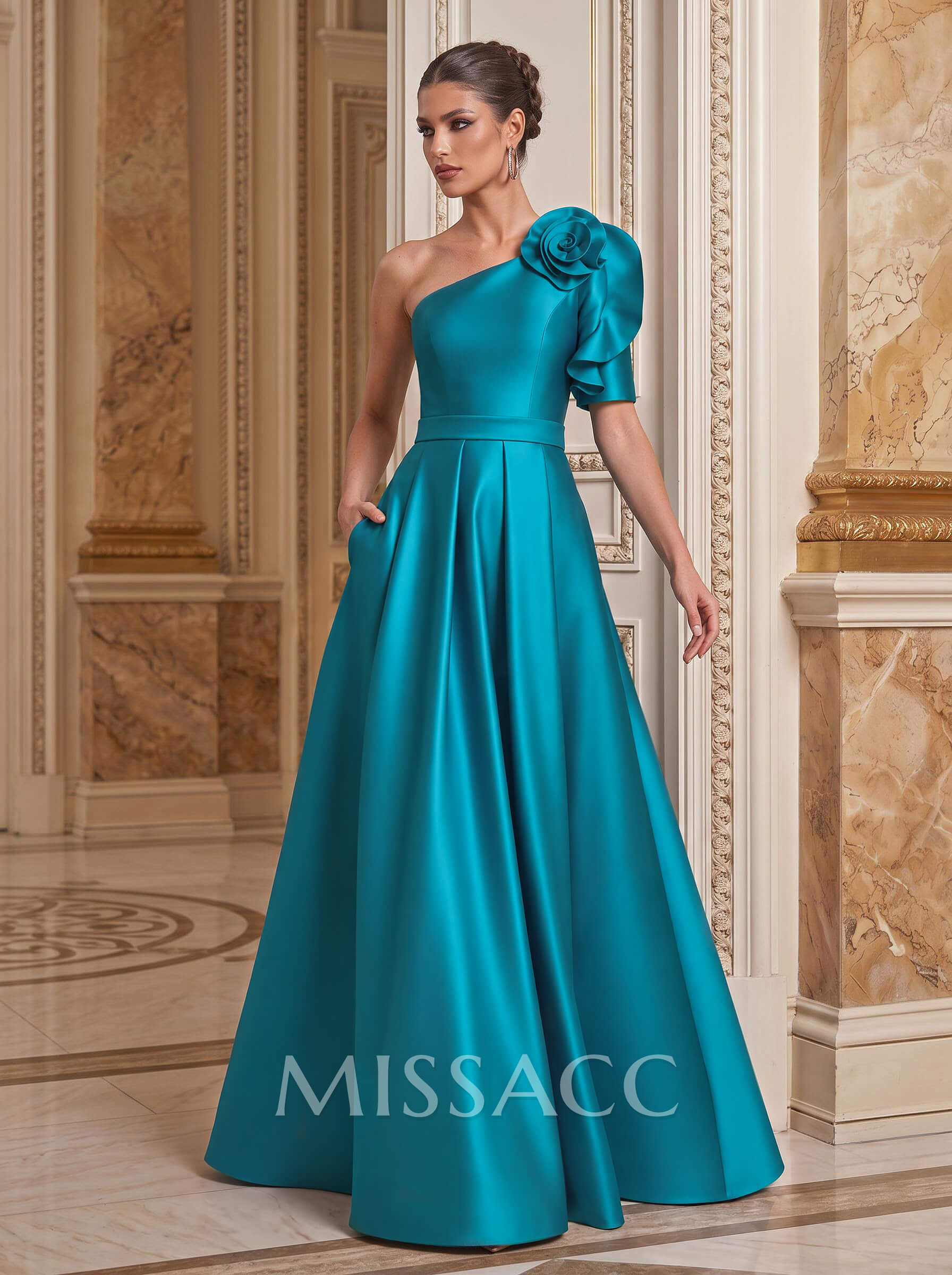 Simple A-Line One-Shoulder 1/2 Sleeves Court Train Satin Mother Of The Bride Dresses With Flower(s)