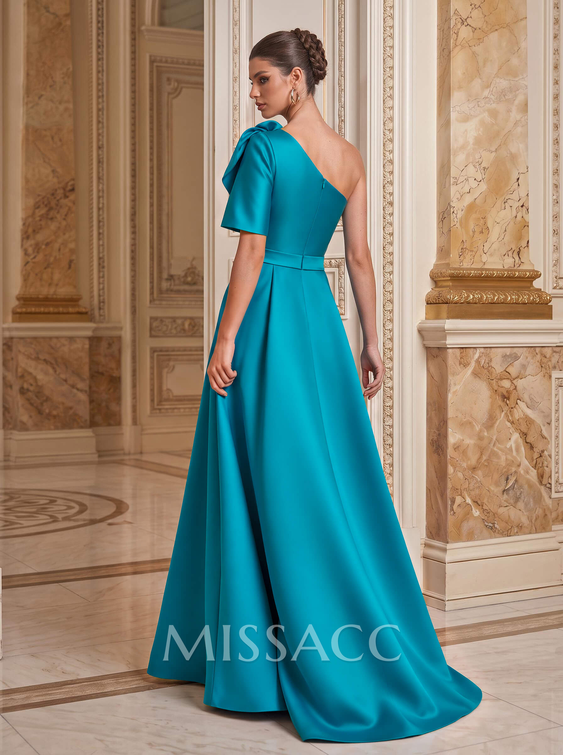 Simple A-Line One-Shoulder 1/2 Sleeves Court Train Satin Mother Of The Bride Dresses With Flower(s)