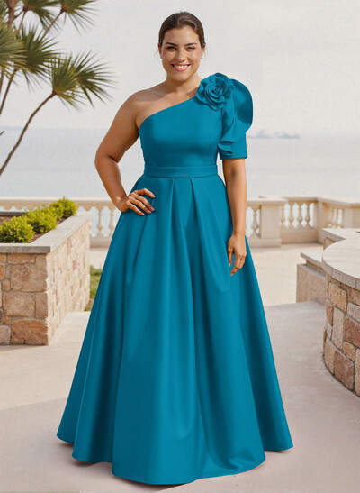 Simple A-Line One-Shoulder Half Sleeve Satin Mother Of The Bride Dress With Court Train And Flowers