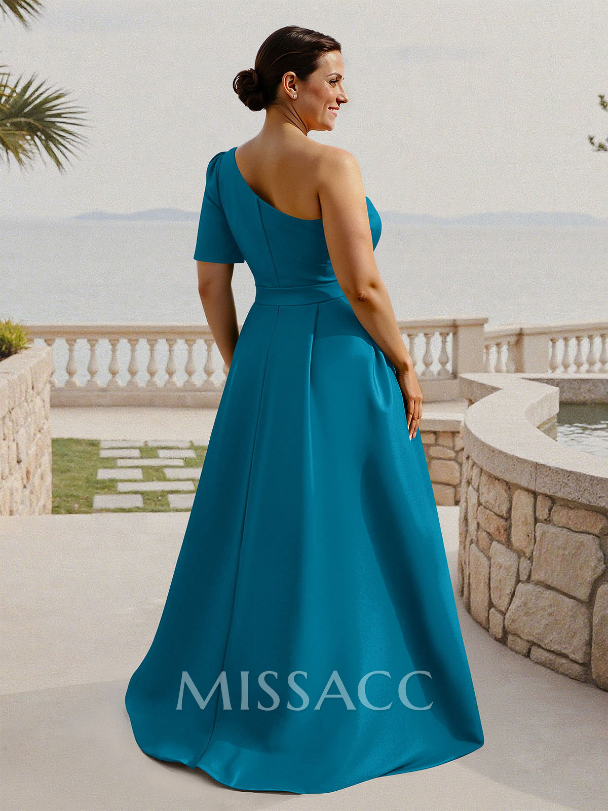 Simple A-Line One-Shoulder 1/2 Sleeves Court Train Satin Mother Of The Bride Dresses With Flower(s)
