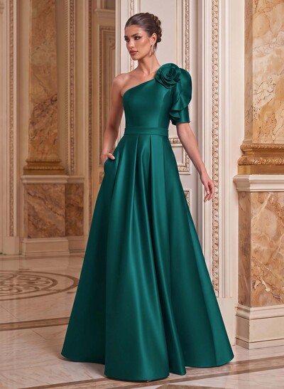 Simple A-Line One-Shoulder 1/2 Sleeves Court Train Satin Mother Of The Bride Dresses With Flower(s)