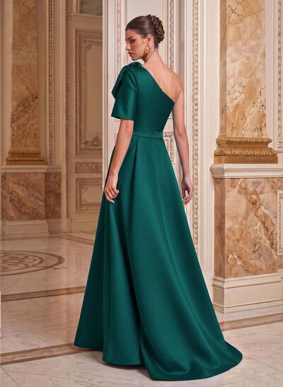 Simple A-Line One-Shoulder 1/2 Sleeves Court Train Satin Mother Of The Bride Dresses With Flower(s)