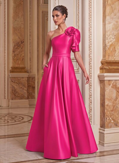 Simple A-Line One-Shoulder 1/2 Sleeves Court Train Satin Mother Of The Bride Dresses With Flower(s)