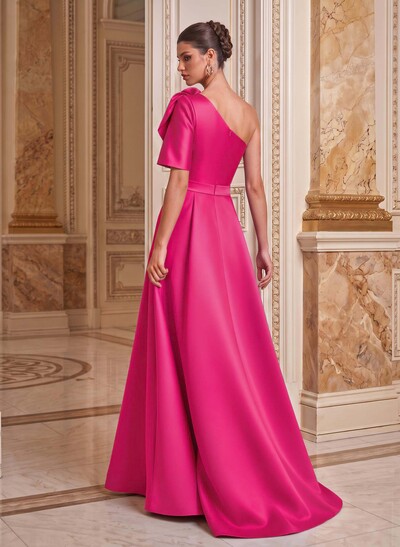 Simple A-Line One-Shoulder 1/2 Sleeves Court Train Satin Mother Of The Bride Dresses With Flower(s)