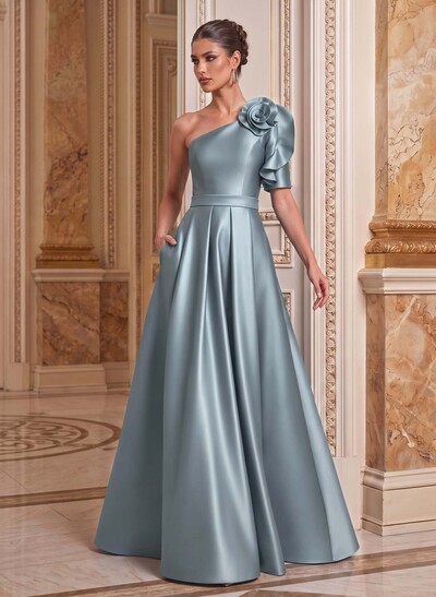 Simple A-Line One-Shoulder 1/2 Sleeves Court Train Satin Mother Of The Bride Dresses With Flower(s)