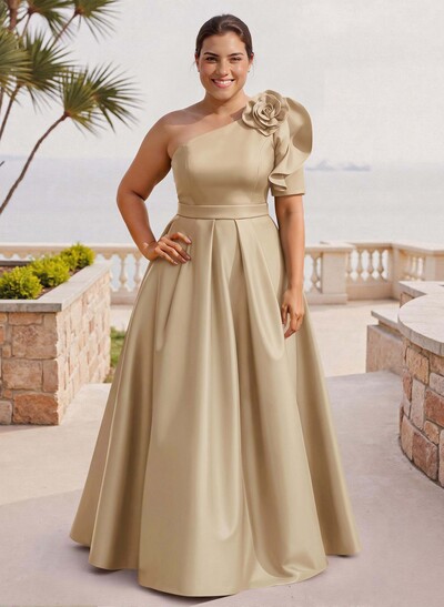 Simple A-Line One-Shoulder Half Sleeve Satin Mother Of The Bride Dress With Court Train And Flowers