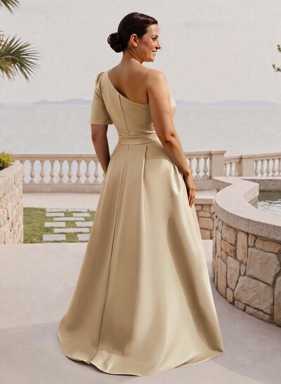 Simple A-Line One-Shoulder Half Sleeve Satin Mother Of The Bride Dress With Court Train And Flowers