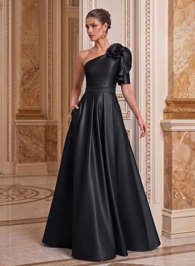 Simple A-Line One-Shoulder Half Sleeve Satin Mother Of The Bride Dress With Court Train & Flowers