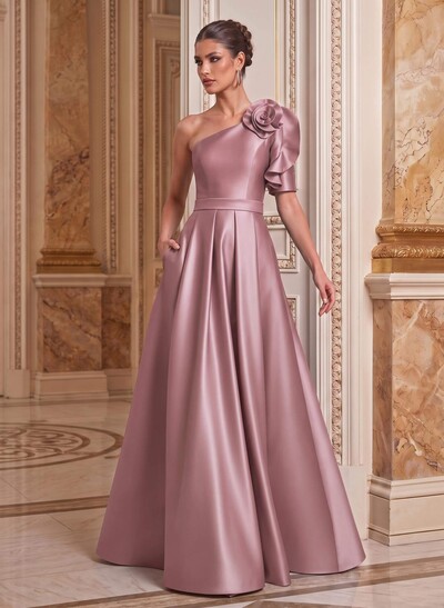 Simple A-Line One-Shoulder Half Sleeve Satin Mother Of The Bride Dress With Court Train & Flowers
