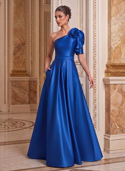 Simple A-Line One-Shoulder 1/2 Sleeves Court Train Satin Mother Of The Bride Dresses With Flower(s)