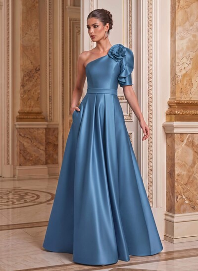 Simple A-Line One-Shoulder Half Sleeve Satin Mother Of The Bride Dress With Court Train And Flowers