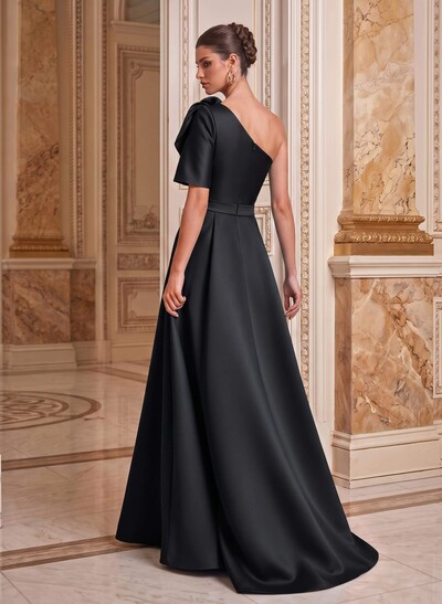 Simple A-Line One-Shoulder Half Sleeve Satin Mother Of The Bride Dress With Court Train & Flowers