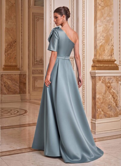 Simple A-Line One-Shoulder 1/2 Sleeves Court Train Satin Mother Of The Bride Dresses With Flower(s)