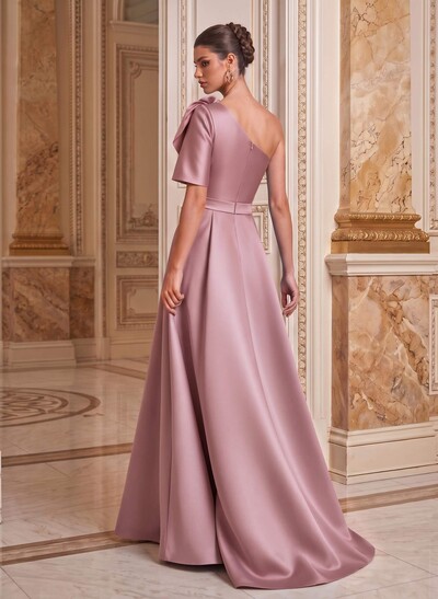 Simple A-Line One-Shoulder Half Sleeve Satin Mother Of The Bride Dress With Court Train & Flowers