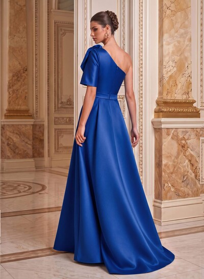 Simple A-Line One-Shoulder 1/2 Sleeves Court Train Satin Mother Of The Bride Dresses With Flower(s)