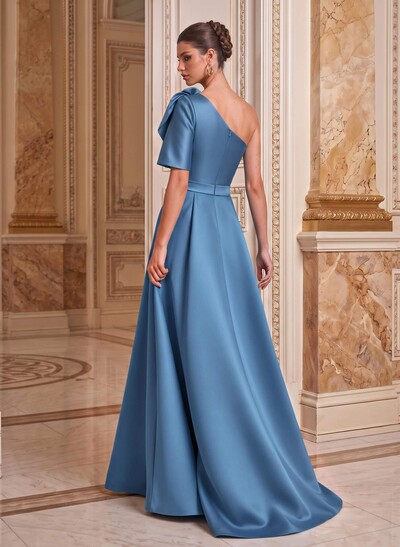 Simple A-Line One-Shoulder Half Sleeve Satin Mother Of The Bride Dress With Court Train And Flowers
