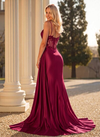 Sparkle & Shine Sweetheart Illusion Corset Sweep Train Stretch Satin Knit Prom Dresses