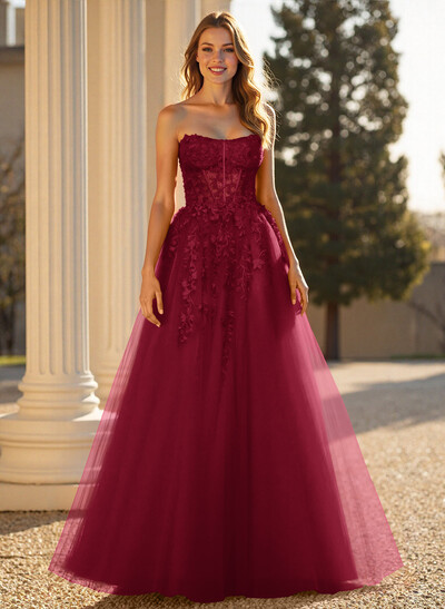 Sweet & Flow A-Line Sweetheart Sleeveless Court Train Lace/Tulle Prom Dresses With Appliques Lace