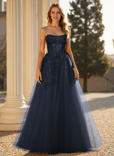 Sweet & Flow A-Line Sweetheart Sleeveless Court Train Lace/Tulle Prom Dresses With Appliques Lace
