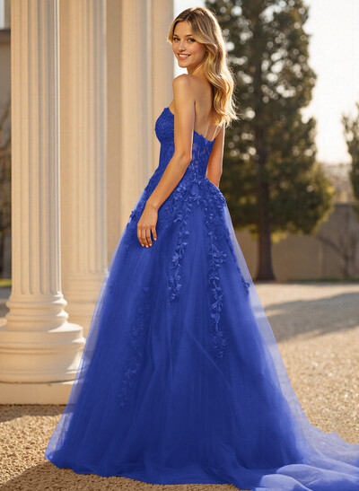 Sweet & Flow A-Line Sweetheart Sleeveless Court Train Lace/Tulle Prom Dresses With Appliques Lace