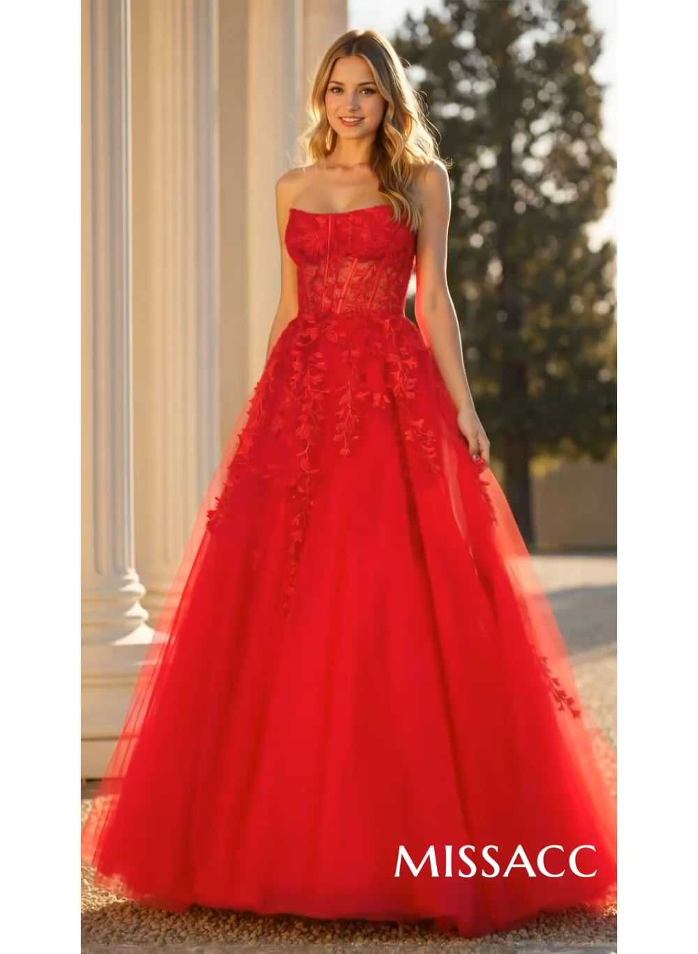 Sweet & Flow A-Line Sweetheart Sleeveless Court Train Lace/Tulle Prom Dresses With Appliques Lace