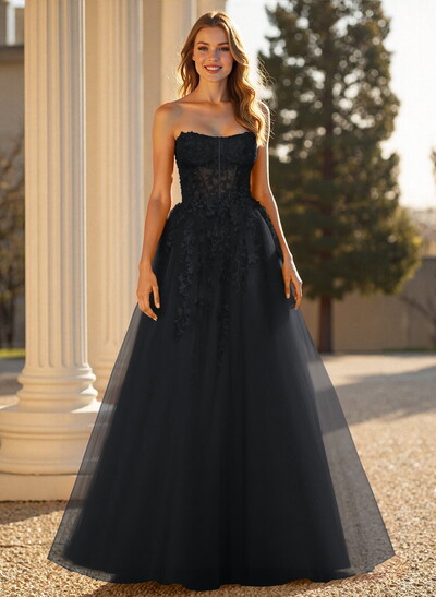 Sweet & Flow A-Line Sweetheart Sleeveless Court Train Lace/Tulle Prom Dresses With Appliques Lace