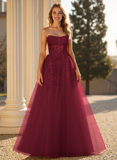 Sweet & Flow A-Line Sweetheart Sleeveless Court Train Lace/Tulle Prom Dresses With Appliques Lace